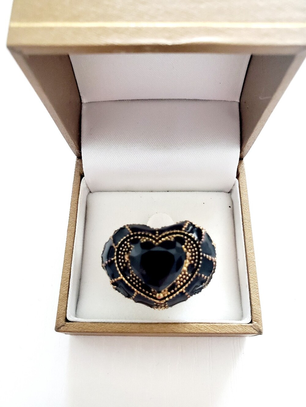 Black Heart Statement Ring with Gold Accents